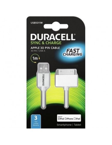 Cable duracell usb blanco - apple 30 pin - carga /datos iphone 4 / 4s / 3 / 3gs / ipod touch series / ipod nano - 1m