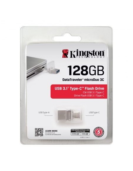 Pendrive kingston datatraveler microduo 3c - 128gb - conectores usb-a y usb tipo-c - 100mb/s lectura - 15mb/s escritura - usb 