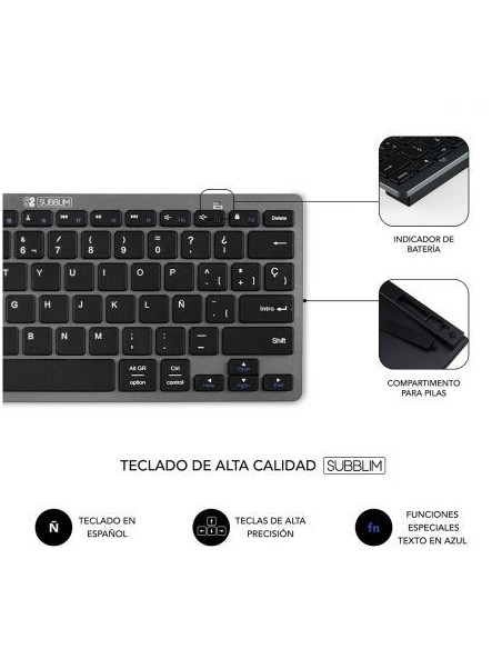 Teclado y ratón subblim oco002 dynamic compact grey - teclado bluetooth 3.0 - ratón óptico 1600dpi - diseño compacto