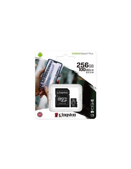 Tarjeta microsd xc - 256gb + adaptador kingston canvas select plus - clase 10 - 100mb/s
