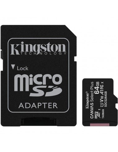 Tarjeta microsd xc 64gb + adaptador kingston canvas select plus - clase 10 - 100mb/s