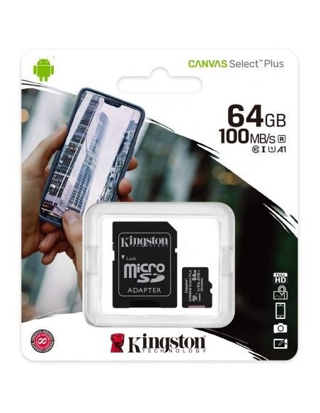 Tarjeta microsd xc 64gb + adaptador kingston canvas select plus - clase 10 - 100mb/s