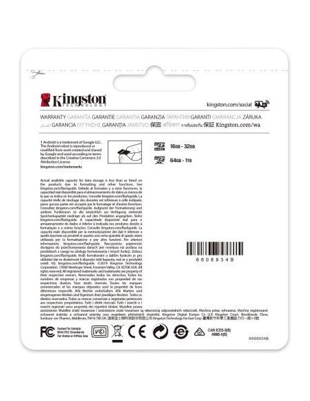 Tarjeta microsd xc 64gb + adaptador kingston canvas select plus - clase 10 - 100mb/s