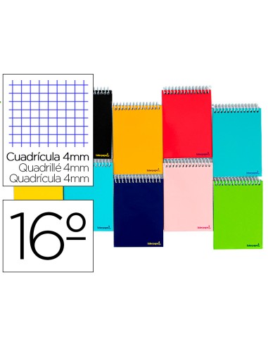 CI | Cuaderno espiral liderpapel bolsillo dieciseavo apaisado smart tapa blanda 80h 60gr cuadro 4mm colores surtidos
