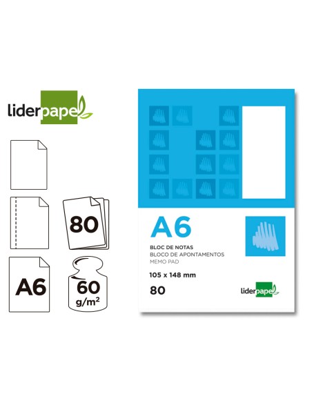 CI | Bloc notas liderpapel liso a6 80 hojas 60g/m2 perforado