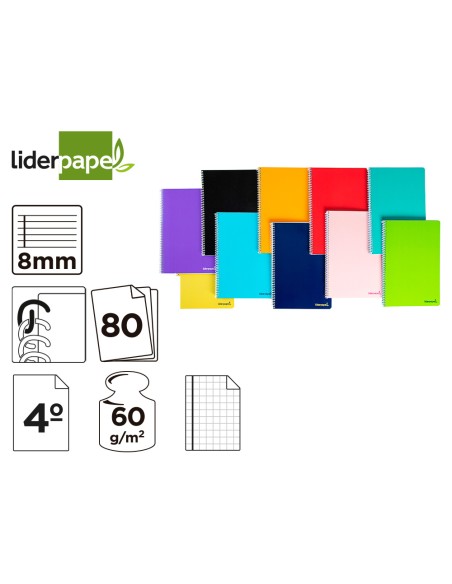 CI | Cuaderno espiral liderpapel cuarto smart tapa blanda 80h 60gr horizontal 8mm con margencolores surtidos