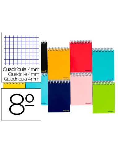 CI | Cuaderno espiral liderpapel bolsillo octavo apaisado smart tapa blanda 80h 60gr cuadro 4mm colores surtidos