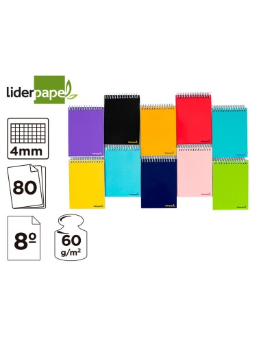 CI | Cuaderno espiral liderpapel bolsillo octavo apaisado smart tapa blanda 80h 60gr cuadro 4mm colores surtidos