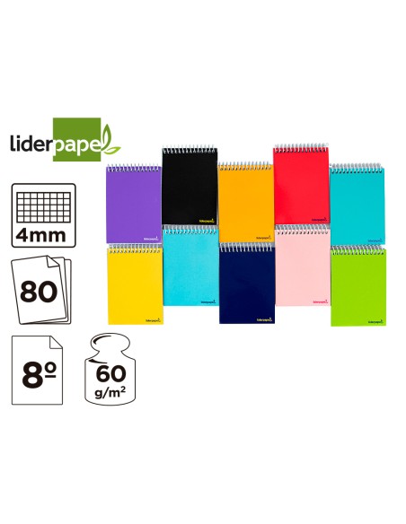 CI | Cuaderno espiral liderpapel bolsillo octavo apaisado smart tapa blanda 80h 60gr cuadro 4mm colores surtidos