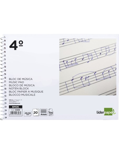 CI | Bloc musica liderpapel pentagrama 4mm cuarto 20 hojas 100g/m2