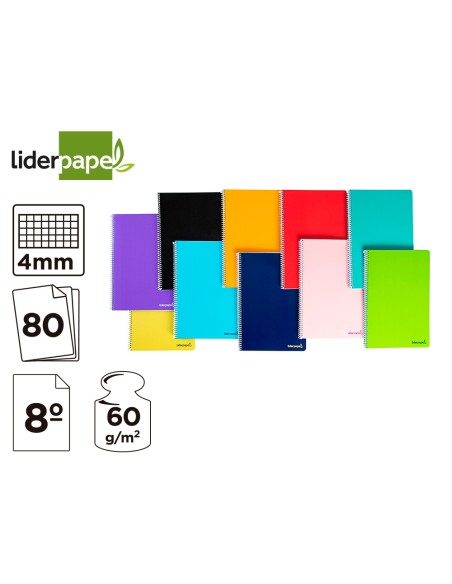 CI | Cuaderno espiral liderpapel bolsillo octavo smart tapa blanda 80h 60gr cuadro 4mm colores surtidos