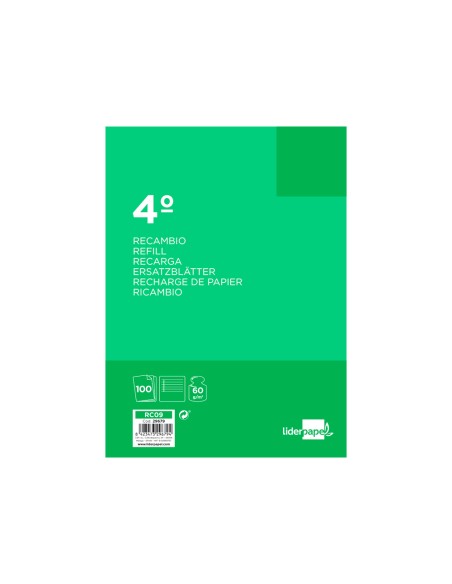 CI | Recambio liderpapel cuarto 100 hojas 60g/m2 horizontal con margen 6 taladros