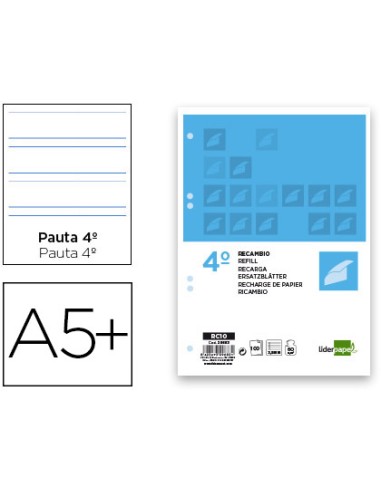 CI | Recambio liderpapel cuarto 100 hojas 60g/m2 pauta 4ª 3.5mm con margen 6 taladros