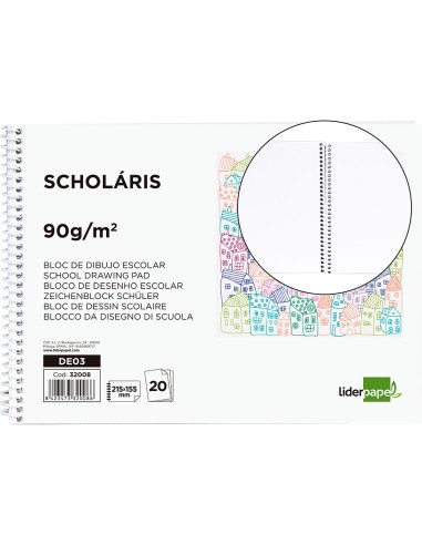 CI | Bloc dibujo liderpapel escolar espiral 155x215mm 20 hojas 90g/m2 sin recuadro