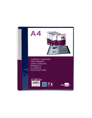 CI | Carpeta liderpapel 10 fundas canguro pp din a4 azul translucido portada y lomo personalizable
