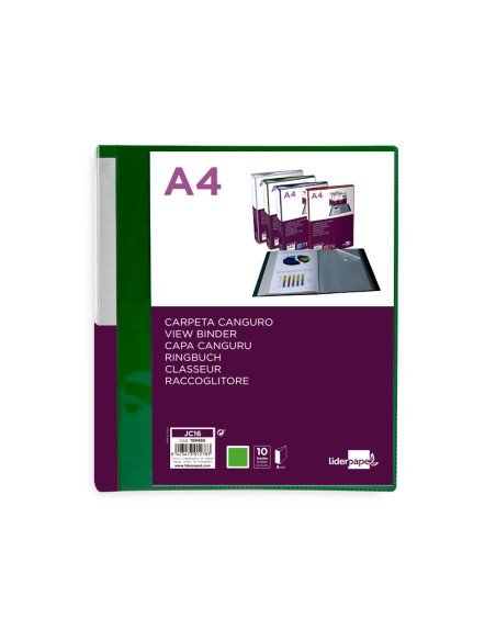 CI | Carpeta liderpapel 10 fundas canguro pp din a4 verde translucido portada y lomo personalizable