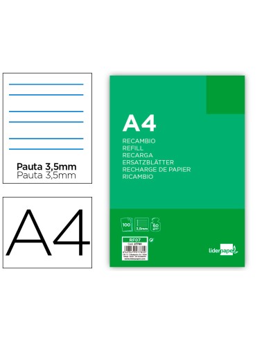 CI | Recambio liderpapel folio 100 hojas 60g/m2pauta 4ª 3.5mm con margen 4 taladros