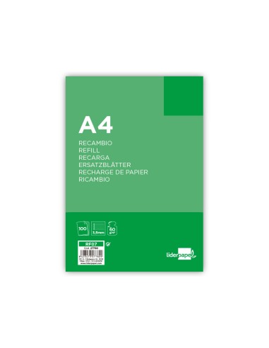 CI | Recambio liderpapel folio 100 hojas 60g/m2pauta 4ª 3.5mm con margen 4 taladros