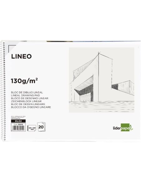 CI | Bloc dibujo liderpapel lineal espiral 230x325mm 20 hojas 130g/m2 con recuadro perforado