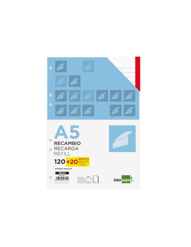CI | Recambio liderpapel a5 120 hojas 80g/m2 horizontal sin margen 6 taladros bandas de 5 colores