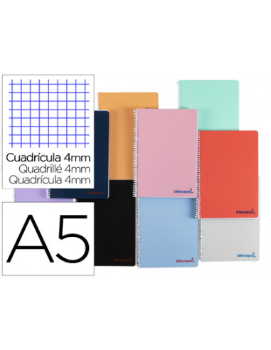 CI | Cuaderno espiral liderpapel a5 wonder tapa plastico 80h 90g cuadro 4mm con margen colores surtidos