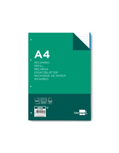 CI | Recambio liderpapel a4 100 hojas 100g/m2 cuadro 4mm con margen 4 taladros