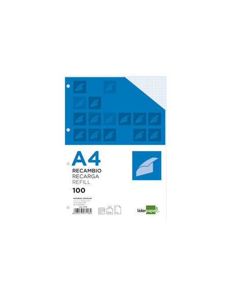 CI | Recambio liderpapel a4 100 hojas 100g/m2 cuadro 2mm con margen 4 taladros