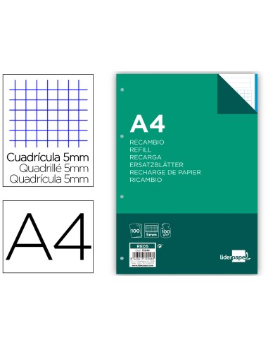 CI | Recambio liderpapel a4 100 hojas 100 g/m2 cuadro 5 mm 4 taladros bandas de 5 colores