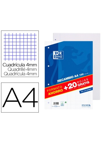 CI | Recambio oxford din a4 100 + 20 hojas gratis 90 gr cuadro 4 mm 4 taladros