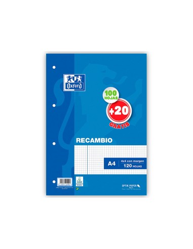 CI | Recambio oxford din a4 100 + 20 hojas gratis 90 gr cuadro 4 mm 4 taladros
