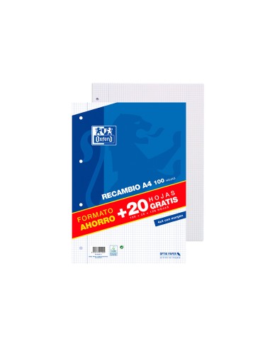 CI | Recambio oxford din a4 100 + 20 hojas gratis 90 gr cuadro 4 mm 4 taladros