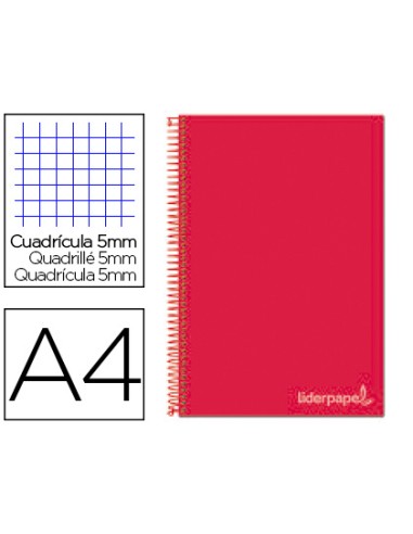 CI | Cuaderno espiral liderpapel a4 micro jolly tapa forrada 140h 75 gr cuadro 5mm 5 bandas 4 taladros color rojo