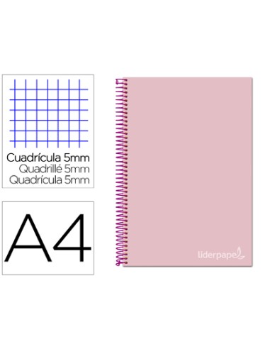 CI | Cuaderno espiral liderpapel a4 micro jolly tapa forrada 140h 75 gr cuadro 5mm 5 bandas 4 taladros color rosa