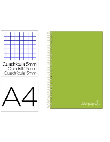 CI | Cuaderno espiral liderpapel a4 micro jolly tapa forrada 140h 75 gr cuadro 5mm 5 bandas 4 taladros color verde
