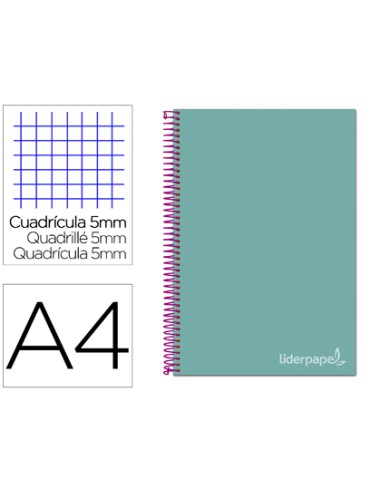 CI | Cuaderno espiral liderpapel a4 micro jolly tapa forrada 140h 75 gr cuadro 5mm 5 bandas4 taladros color turquesa