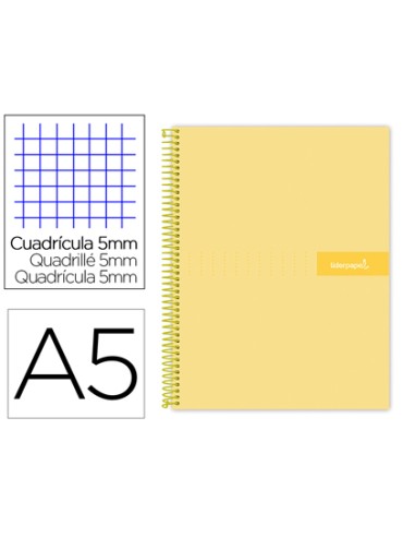 CI | Cuaderno espiral liderpapel a5 micro crafty tapa forrada 120h 90 gr cuadro 5mm 5 bandas6 taladros color amarillo