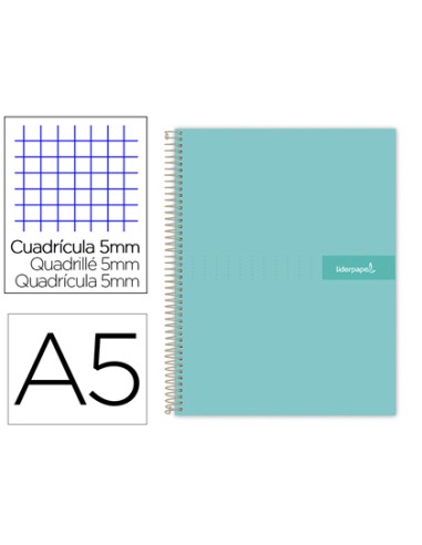 CI | Cuaderno espiral liderpapel a5 micro crafty tapa forrada 120h 90 gr cuadro 5mm 5 bandas6 taladros color turquesa