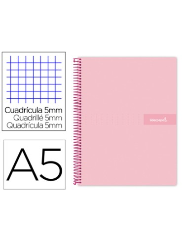 CI | Cuaderno espiral liderpapel a5 micro crafty tapa forrada 120h 90 gr cuadro 5mm 5 bandas6 taladros color rosa