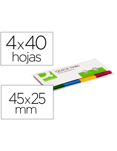 CI | Banderitas separadoras q-connect 25x45 mm transparentes y color pack de 4 con 40 hojas