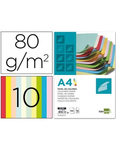 CI | Papel color liderpapel a4 80g/m2 10 colores surtidos paquete de 100