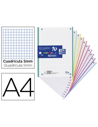 CI | Recambio color oxford din a4 160 hojas 90 gr optik paper cuadro 5 mm 4 taladros banda 10 colores