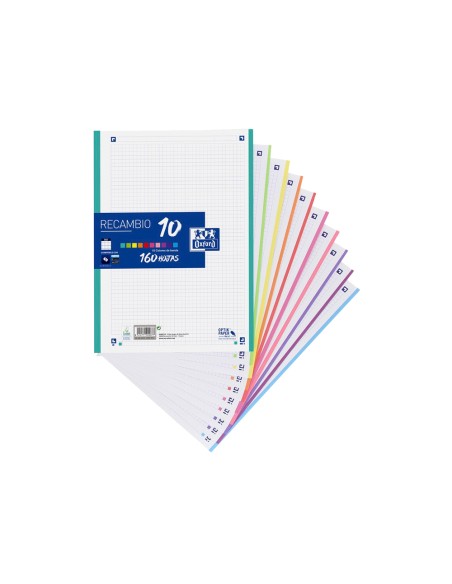 CI | Recambio color oxford din a4 160 hojas 90 gr optik paper cuadro 5 mm 4 taladros banda 10 colores