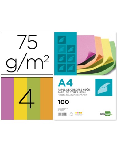 CI | Papel color liderpapel a4 75g/m2 neon 4 colores surtidos paquete de 100