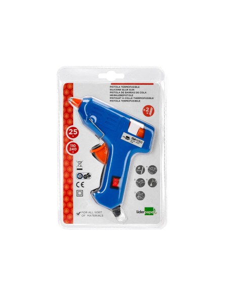 CI | Pistola termofusible mini liderpapel de 25 w con gatillodispensador y 2 barras de silicona de 7 mm diametro x 100 mm