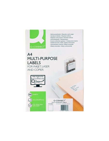 CI | Etiqueta adhesiva q-connect kf10664 tamaño 210x297 mm fotocopiadora laser ink-jet caja con 100 hojas din a4
