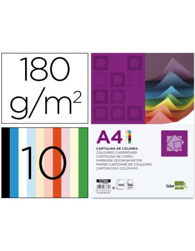 CI | Cartulina liderpapel a4 180g/m2 10 colores surtidos paquete de 100