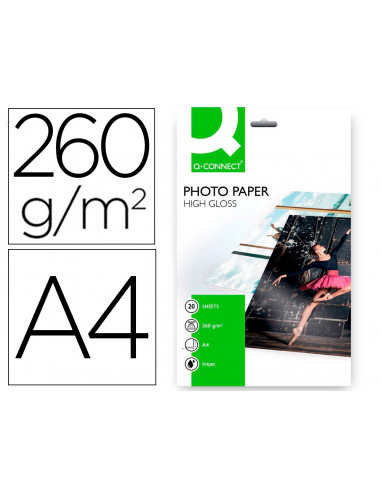 CI | Papel q-connect foto glossy kf02163 din a4 alta calidad digital photo -para ink-jet bolsa de 20 hojas de 260 gr