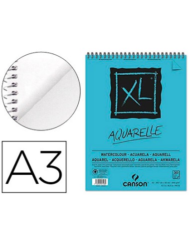 CI | Bloc dibujo acuarela canson xl aquarelle grano fino din a3 microperforado espiral 29,7x42 cm 30 hojas 300 gr