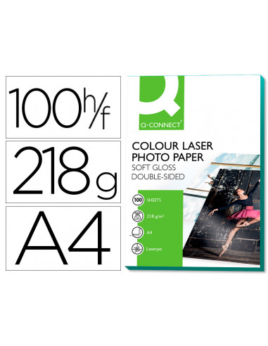 CI | Papel q-connect foto glossy din a4 para fotocopiadoras e impresoras laser -paquete de 100 hojas 220 gr