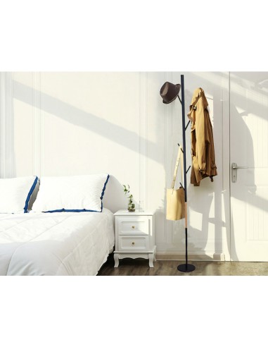 CI | Perchero Metalico Q-Connect Negro Con Detalles De Madera 5 Colgadores 177X28,5 Cm